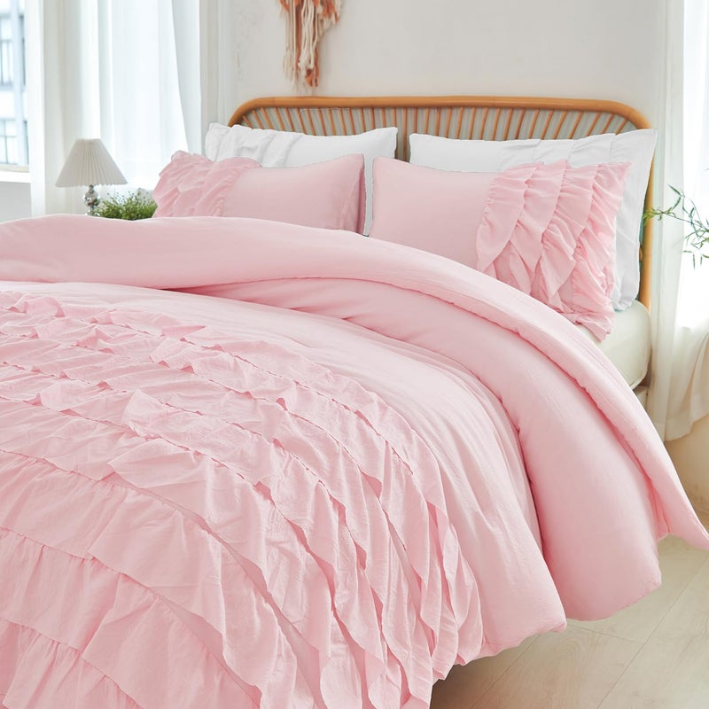 PERFEMET Pink Twin Comforter Set for Girls Boho Ruffle Princess Bedding Set Multi Layers Ruffled Kids Bed Sets Washed Microfiber Farmhouse Fluffy Bed Comforter Set for Bedroom (Pink,Twin) - Image 1