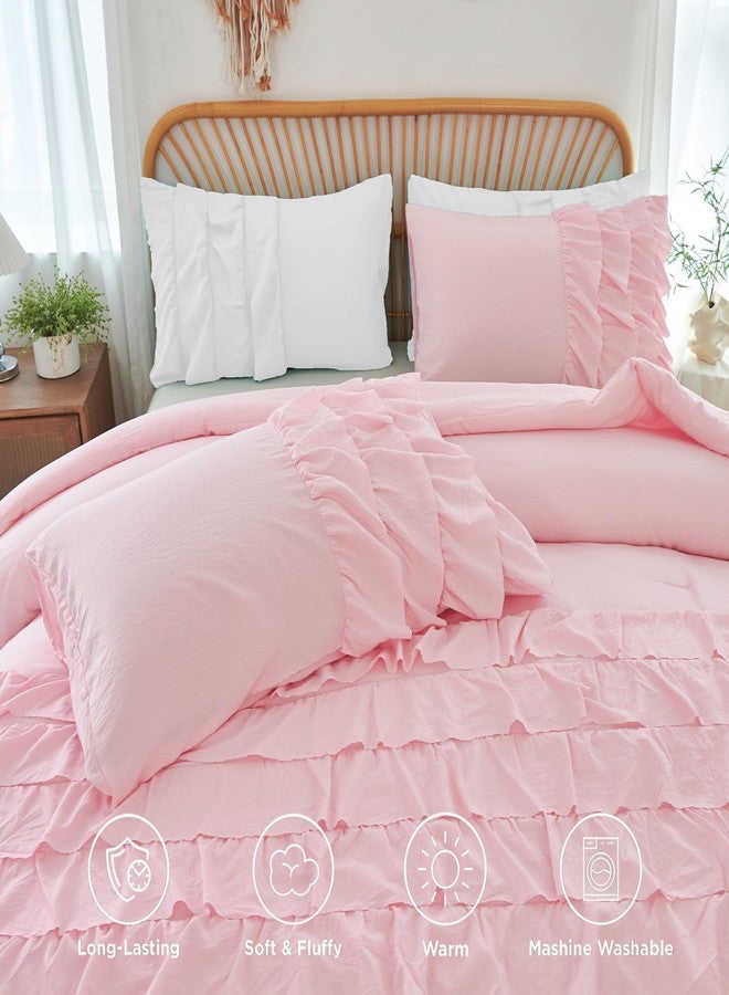 PERFEMET Pink Twin Comforter Set for Girls Boho Ruffle Princess Bedding Set Multi Layers Ruffled Kids Bed Sets Washed Microfiber Farmhouse Fluffy Bed Comforter Set for Bedroom (Pink,Twin) - Image 5