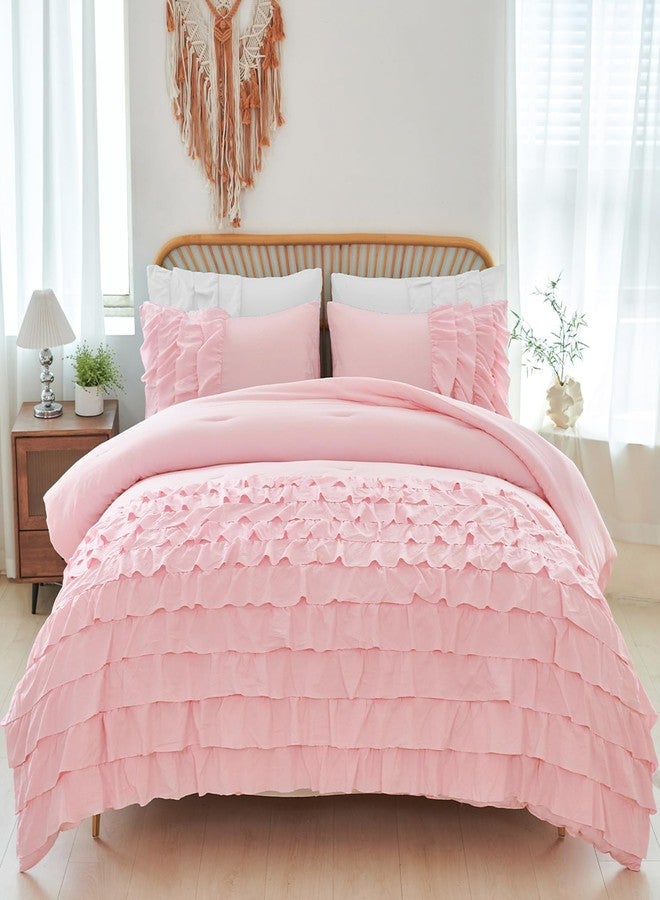 PERFEMET Pink Twin Comforter Set for Girls Boho Ruffle Princess Bedding Set Multi Layers Ruffled Kids Bed Sets Washed Microfiber Farmhouse Fluffy Bed Comforter Set for Bedroom (Pink,Twin) - Image 2