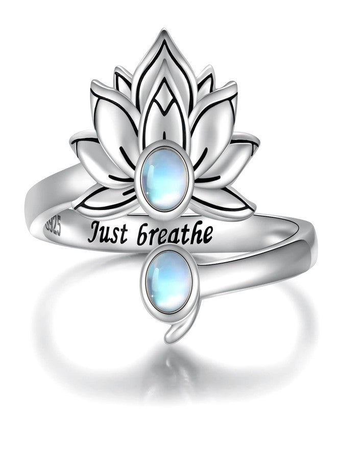 MANBU Sterling Silver Lotus Semicolon Ring - Just Breathe Encouragement Lotus Flower Adjustable Wrap Ring Inspirational Jewelry Gift for Women (Moonstone 2) - Image 1