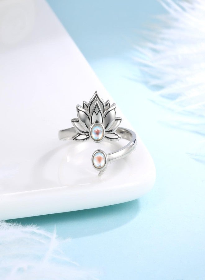 MANBU Sterling Silver Lotus Semicolon Ring - Just Breathe Encouragement Lotus Flower Adjustable Wrap Ring Inspirational Jewelry Gift for Women (Moonstone 2) - Image 3