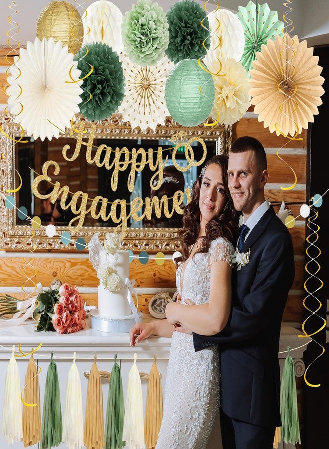 Roetyce Engagement Party Decorations, Green and Gold Glitter Happy Engagement Banner, Almost Married/Just Engaged Photo Background, Sage Green Congratulations Wedding Bachelorette Backdrop Decor - Image 3