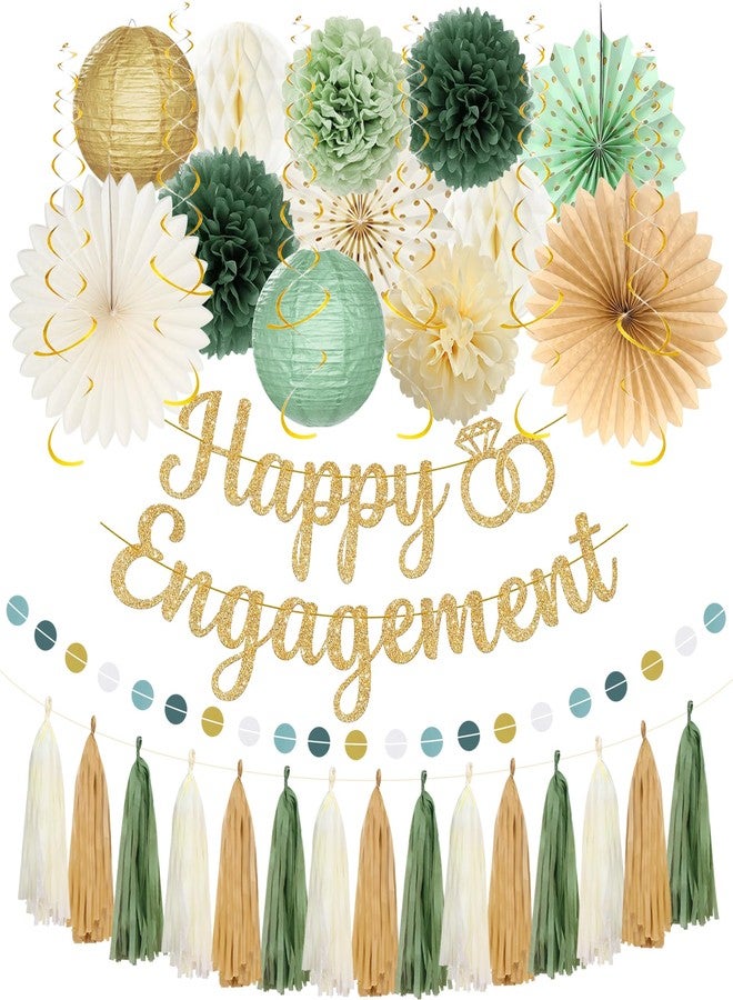 Roetyce Engagement Party Decorations, Green and Gold Glitter Happy Engagement Banner, Almost Married/Just Engaged Photo Background, Sage Green Congratulations Wedding Bachelorette Backdrop Decor - Image 1