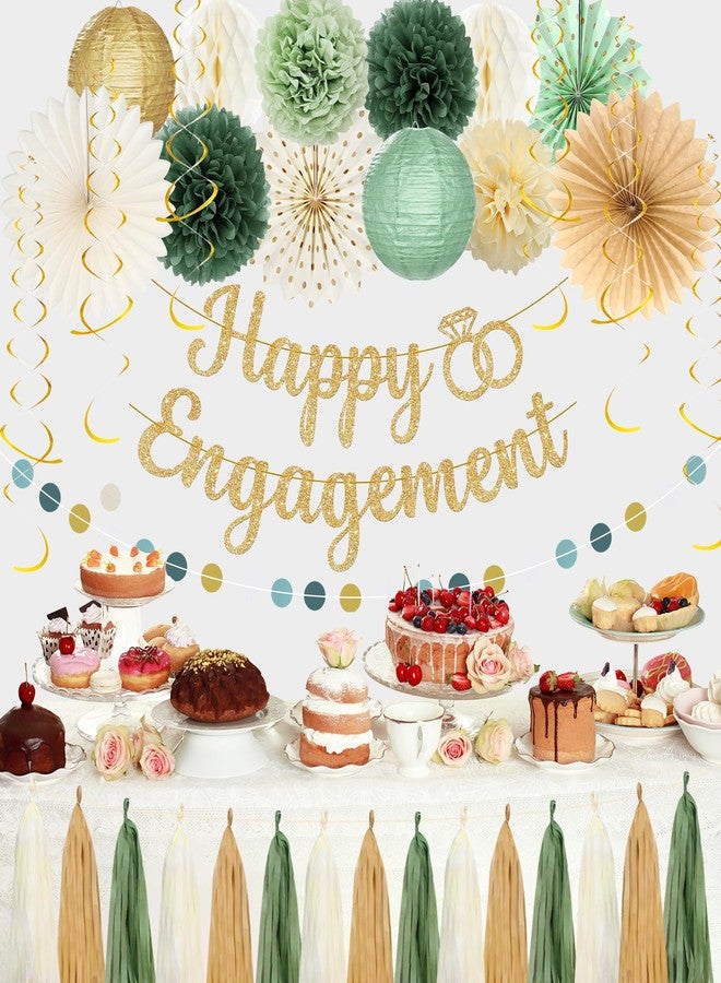 Roetyce Engagement Party Decorations, Green and Gold Glitter Happy Engagement Banner, Almost Married/Just Engaged Photo Background, Sage Green Congratulations Wedding Bachelorette Backdrop Decor - Image 4