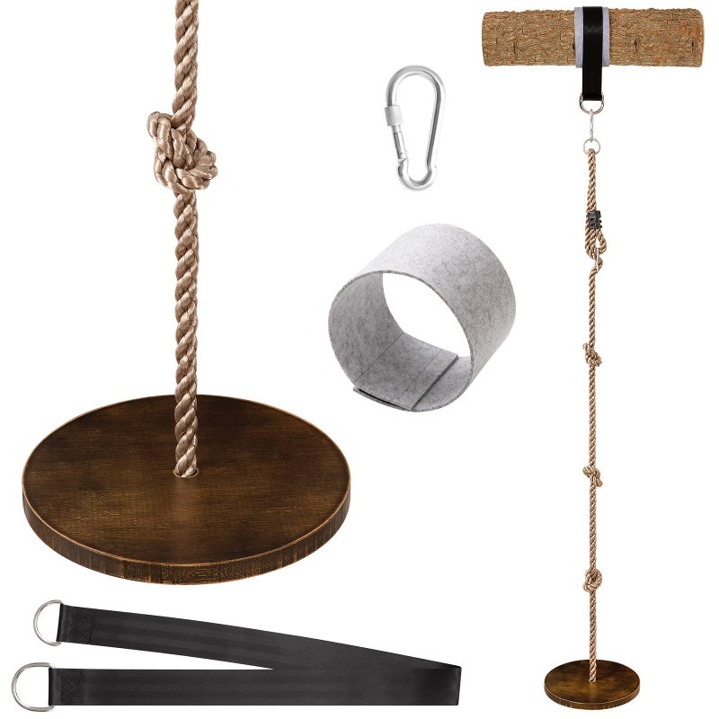 Yangbaga Wooden Round Disc Rope Swing 5173 Adjustable Climbing Rope Tree Swing with Hanging Strap Snap Hook and Felt Protectors for Kids Outdoor Brown