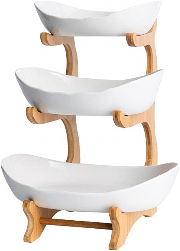 XUDREZ 3 Tier Fruit Basket for Kitchen Counter 118613 Ceramic Fruit Bowl for Kitchen Counter Large Capacity Fruit Bowl Set with Holder Bamboo Fruit Serving Tray White porcelain - Image 1
