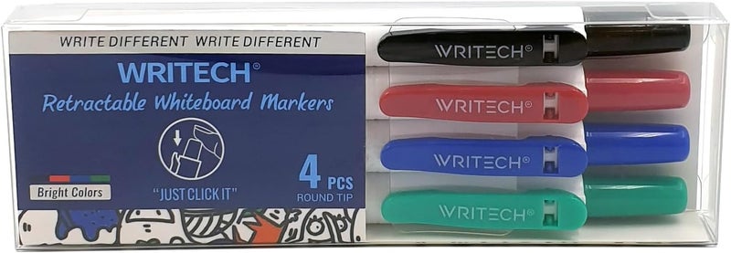WRITECH Retractable Dry Erase Markers 4col: Fine Tip Assorted Colors Low Odor Multi Colored Set Kid Adult Refillable Clickable Multicolor Thin Point Whiteboard Marker - Image 1