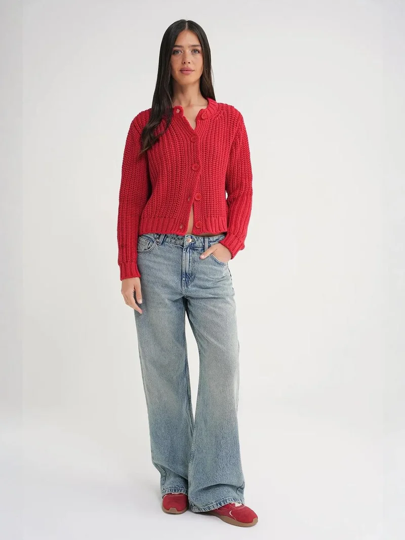 MixRay Mixray Textured Ribbed Knit Cardigan with Buttons