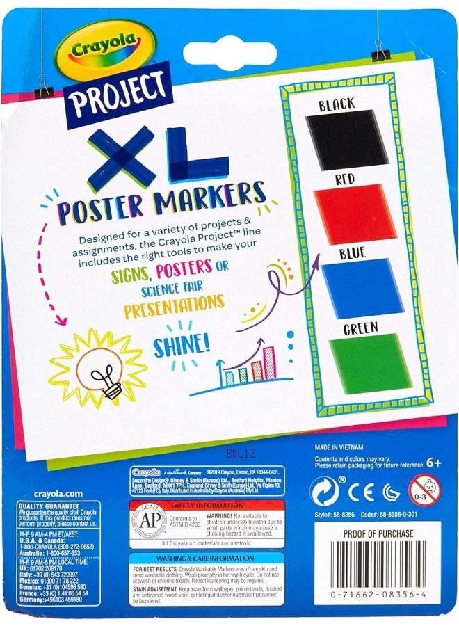 Crayola XL Poster Markers, Assorted Classic Colors, School Supplies, 4 Count