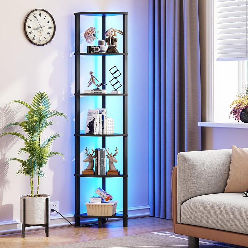 VIMBER 6-Tier Corner Shelf with LED Light, Industrial Corner Ladder Shelf, Rustic Display Shelf for Living Room, Bedroom, Kitchen, Home Office, Sturdy Frame, Black UJSJ002B - Image 3
