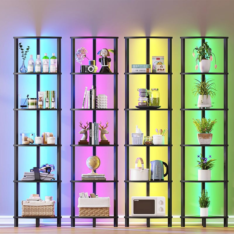 VIMBER 6-Tier Corner Shelf with LED Light, Industrial Corner Ladder Shelf, Rustic Display Shelf for Living Room, Bedroom, Kitchen, Home Office, Sturdy Frame, Black UJSJ002B - Image 2