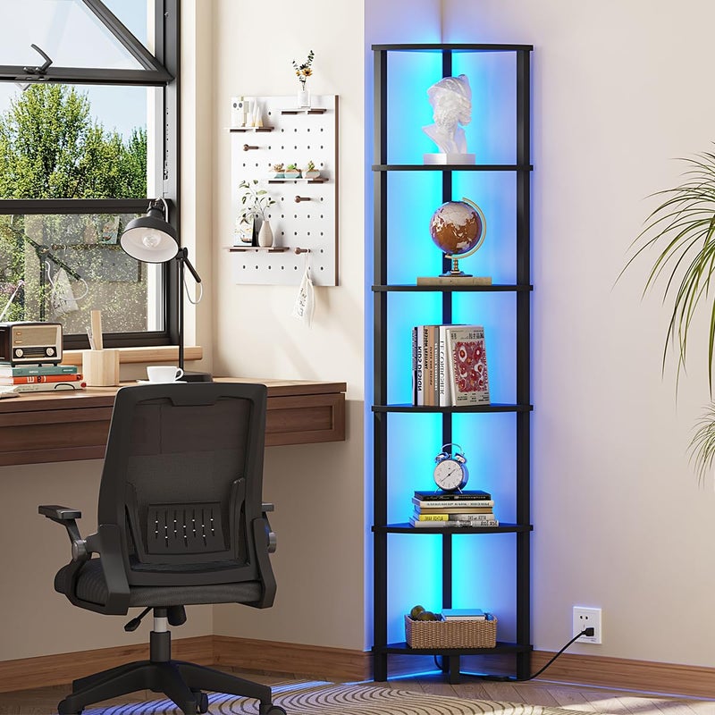 VIMBER 6-Tier Corner Shelf with LED Light, Industrial Corner Ladder Shelf, Rustic Display Shelf for Living Room, Bedroom, Kitchen, Home Office, Sturdy Frame, Black UJSJ002B - Image 1