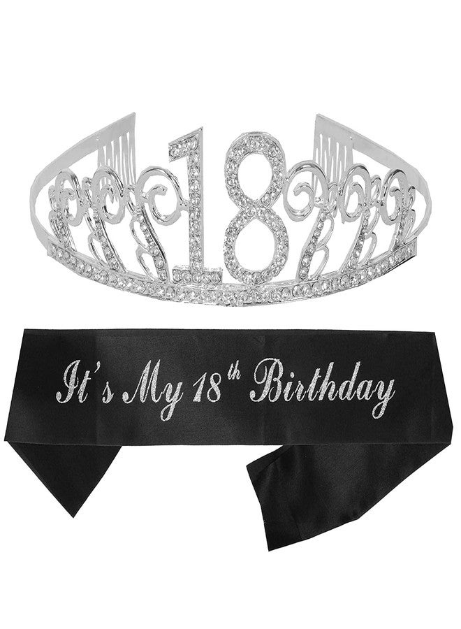 MEANT2TOBE 18th Birthday Sash and Tiara for Women - Fabulous Set: Glitter Sash + Waves Rhinestone Silver Premium Metal Tiara, 18th Birthday Gifts for Women Party - Image 1