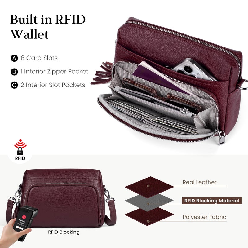 befen Soft Real Leather Small Crossbody Purses for Women, Ladies Anti-Theft Shoulder Bag Handbag Purse with Adjustable Strap & Built in RFID Wallet Burgundy Red - Image 2