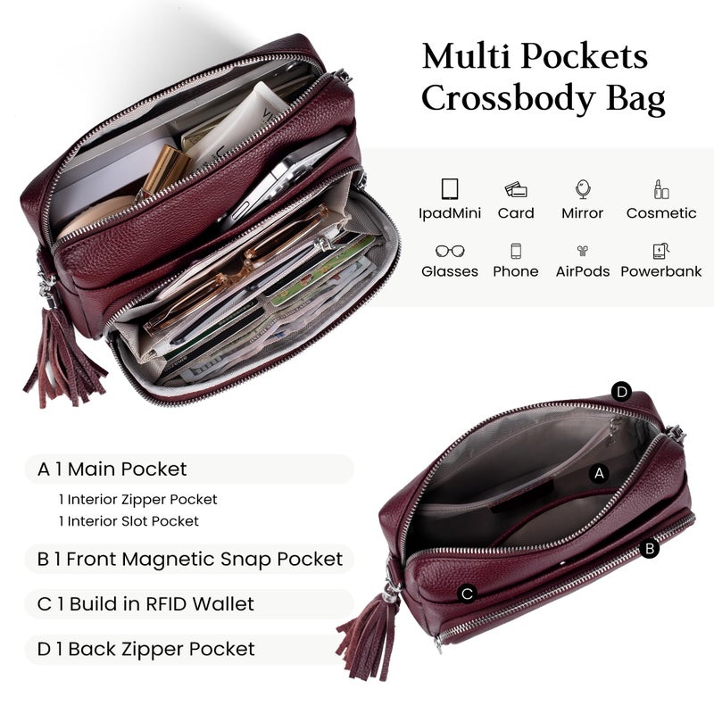 befen Soft Real Leather Small Crossbody Purses for Women, Ladies Anti-Theft Shoulder Bag Handbag Purse with Adjustable Strap & Built in RFID Wallet Burgundy Red - Image 3