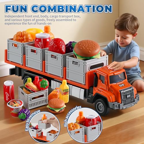 GLW Food Transport Truck Toy for Age 38 Kids 155 Alloy Vehicles Head Goods Trailer with Cargo Box and Food Model Lights Sounds Transport Truck White - Image 5