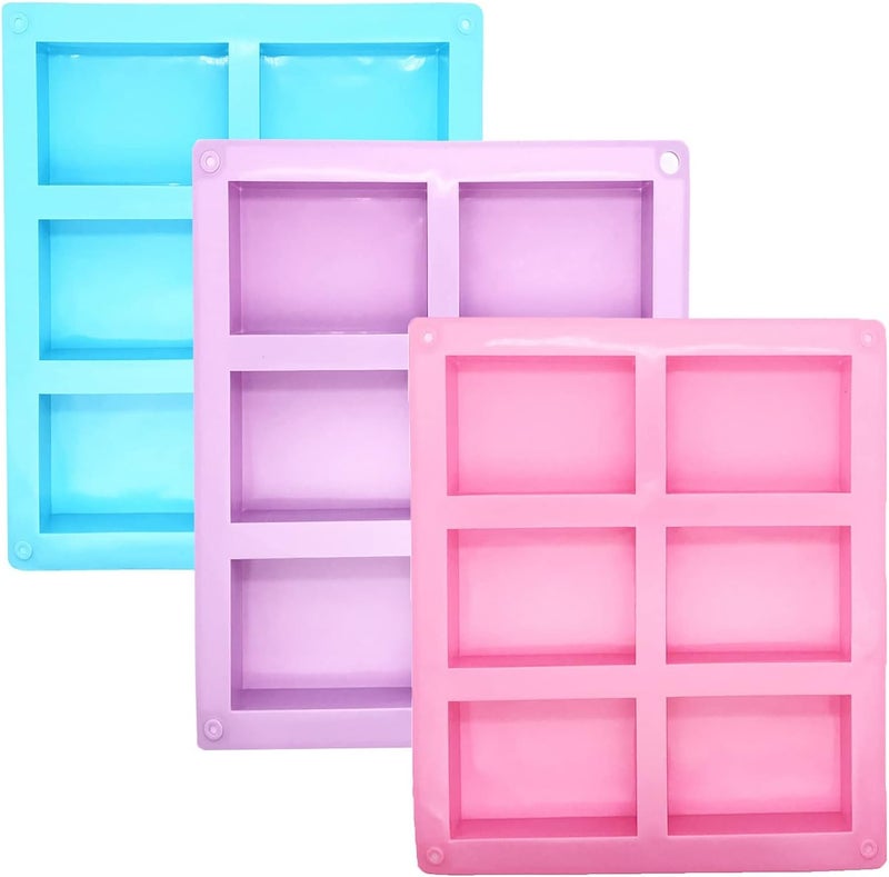 MYYZMY 3 Pack Silicone Soap Molds 6 Cavity Rectangle for Craft Soap, Muffin, Loaf, Cornbread, Cake, Chocolate & Ice Cube Trays (Blue, Pink, Purple) - Image 4