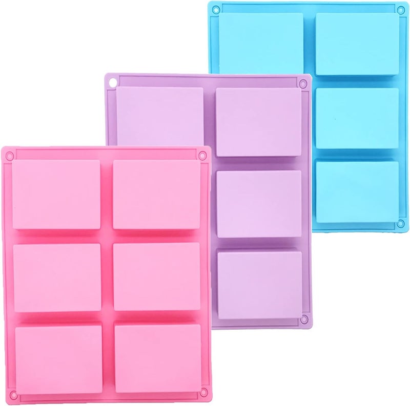 MYYZMY 3 Pack Silicone Soap Molds 6 Cavity Rectangle for Craft Soap, Muffin, Loaf, Cornbread, Cake, Chocolate & Ice Cube Trays (Blue, Pink, Purple) - Image 1