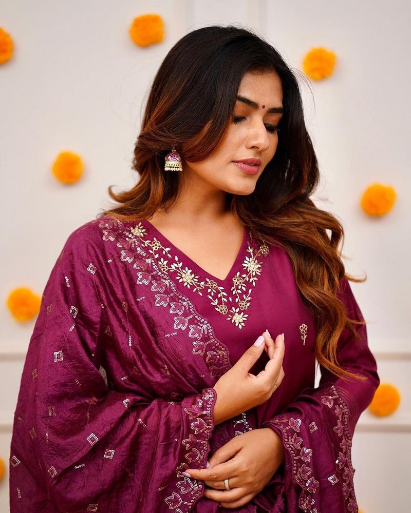 Shiv Textiles Women's Chanderi Silk Embroidered Kurta Pant Dupatta Set(JDA-ZARANA-Wine-L) - Image 5