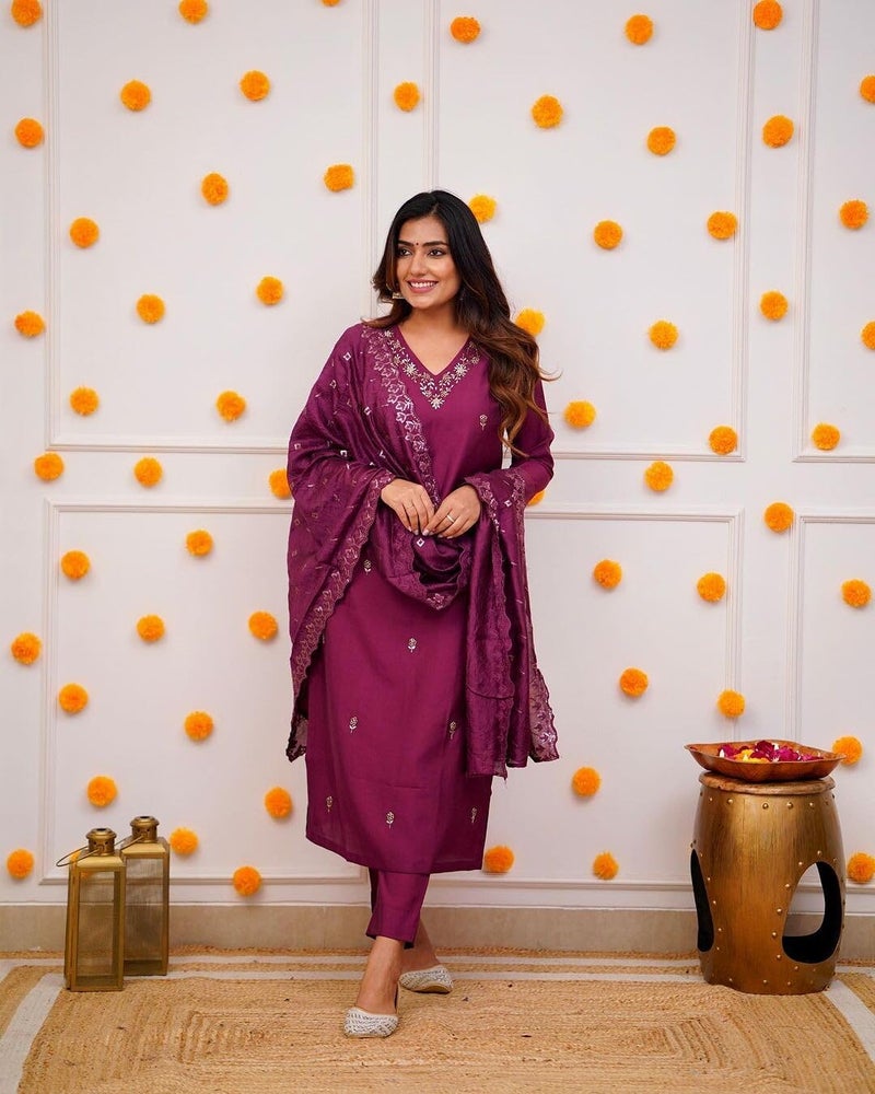 Shiv Textiles Women's Chanderi Silk Embroidered Kurta Pant Dupatta Set(JDA-ZARANA-Wine-L) - Image 2