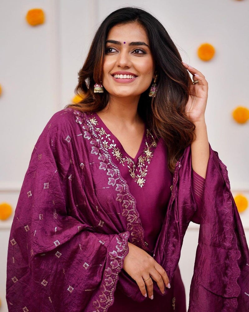 Shiv Textiles Women's Chanderi Silk Embroidered Kurta Pant Dupatta Set(JDA-ZARANA-Wine-L) - Image 3
