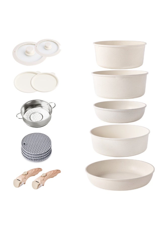 مجموعة أواني الطهي غير اللاصقة القابلة للفصل من Caannasweis - أواني ومقالي حثية قابلة للتكديس بمقابض قابلة للإزالة، آمنة للغسل في غسالة الصحون - للتخييم في عربة سكن متنقلة، استخدام الفرن والموقد، 15 قطعة (بيج) - Image 1