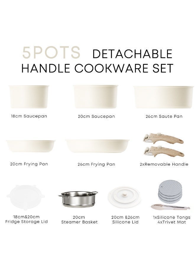 مجموعة أواني الطهي غير اللاصقة القابلة للفصل من Caannasweis - أواني ومقالي حثية قابلة للتكديس بمقابض قابلة للإزالة، آمنة للغسل في غسالة الصحون - للتخييم في عربة سكن متنقلة، استخدام الفرن والموقد، 15 قطعة (بيج) - Image 2