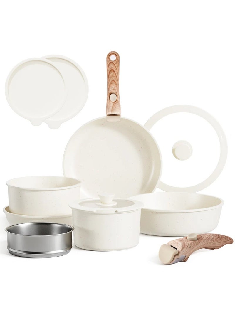 Caannasweis 15 Pieces Detachable Nonstick Cookware Set - Stackable Induction Pots and Pans With Removable Handles, Dishwasher Safe - For RV Camping, Compatible with Induction Cookers Gas And Electric Stoves All Stoves，Oven and Stovetop Use, Beige - Image 1