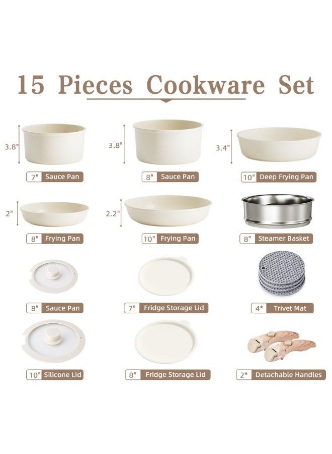 Caannasweis 15 Pieces Detachable Nonstick Cookware Set - Stackable Induction Pots and Pans With Removable Handles, Dishwasher Safe - For RV Camping, Compatible with Induction Cookers Gas And Electric Stoves All Stoves，Oven and Stovetop Use, Beige - Image 2