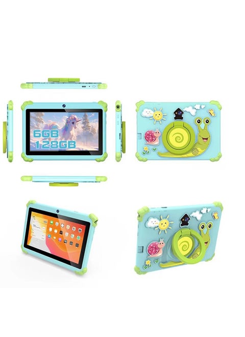 7-Inch Smart Tablet N701 for Kids Wi-Fi Bluetooth GPS Android 12 6GB Ram 128GB Rom Edge Proof Children Education Tab with Built-in Foldable Stand Dual Camera Game Tab - Blue