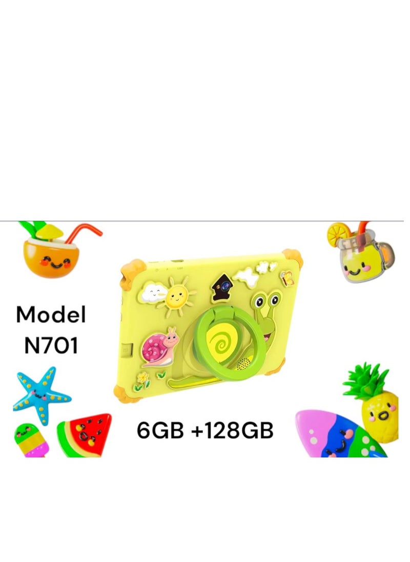 7-Inch Smart Tablet N701 for Kids Wi-Fi Bluetooth GPS Android 12 6GB Ram 128GB Rom Edge Proof Children Education Tab with Built-in Foldable Stand Dual Camera Game Tab - Blue