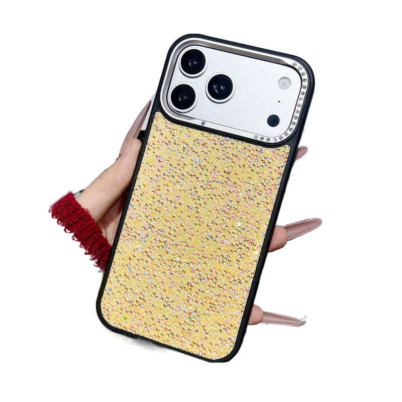 MS غطاء واقي بPC لـ iPhone 16 / 16 Plus / 16 Pro / 16 Pro Max مع حماية من السقوط وملمس جلد لؤلؤي مع مقاوم للصدمات مع بريق مرصع بالألماس باللون أصفر - Image 1