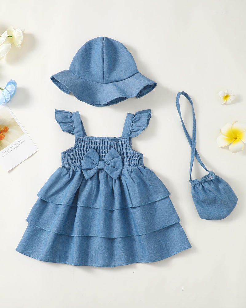SODLON Baby Girl Clothes 12 18 Months Baby Dress Summer Infant Sleeveless Three Layers Dresses Ruffle Smocked Denim Blue Princess Dress Cute Solid Color Outfits Beach Casual Sundress with Hat - Image 2