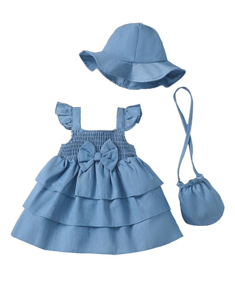 SODLON Baby Girl Clothes 12 18 Months Baby Dress Summer Infant Sleeveless Three Layers Dresses Ruffle Smocked Denim Blue Princess Dress Cute Solid Color Outfits Beach Casual Sundress with Hat - Image 1