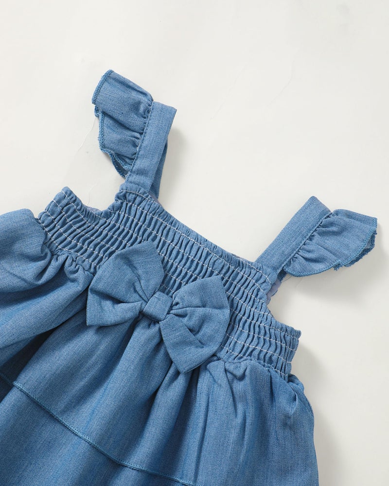 SODLON Baby Girl Clothes 12 18 Months Baby Dress Summer Infant Sleeveless Three Layers Dresses Ruffle Smocked Denim Blue Princess Dress Cute Solid Color Outfits Beach Casual Sundress with Hat - Image 4