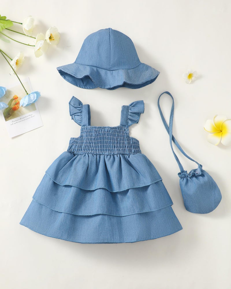 SODLON Baby Girl Clothes 12 18 Months Baby Dress Summer Infant Sleeveless Three Layers Dresses Ruffle Smocked Denim Blue Princess Dress Cute Solid Color Outfits Beach Casual Sundress with Hat - Image 3