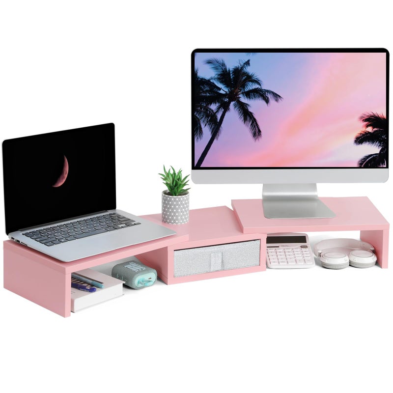 TEAMIX Pink Dual Monitor Stand Riser with Drawer  Length and Angle Adjustable Double Corner Desk Shelf Organizer 37 inch for 2 LaptopPCScreenTV