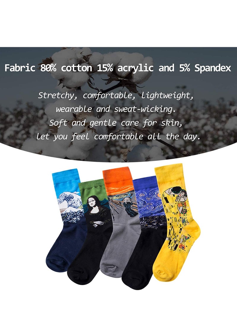Excefore Mens Colorful Fun Dress Socks, Novelty Painting Socks, Fancy Funny Casual Combed Cotton Crew Socks, Unique & Striking Design for Running Skateboarding Hiking Sports Daily Use 5 Pair - Image 3