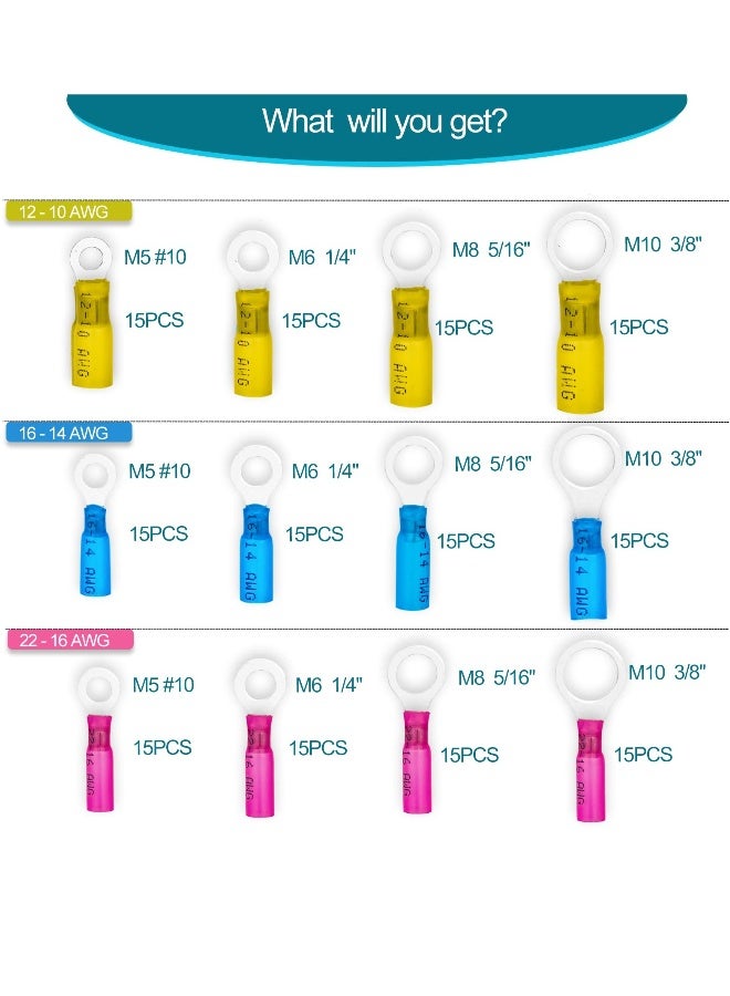 180 Pcs Heat Shrink Wire Connector Kit, Insulated Ring Terminals for Automotive and Marine Use, Waterproof Crimp Connectors for Various AWG Sizes - Image 2