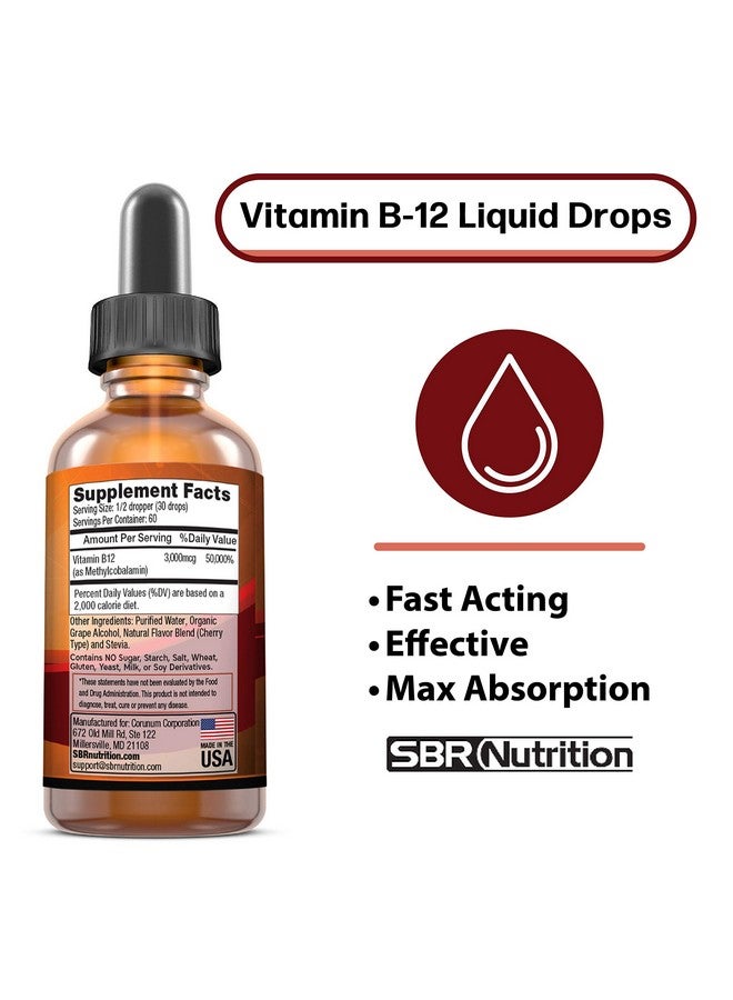 SBR Nutrition قطرات سائلة تحت اللسان من فيتامين ب12 ميثيلكوبالامين فيت ب 12 تدعم الطاقة أقصى امتصاص 3000 ميكروغرام لكل حصة 60 حصة صديقة للنباتيين خالية من الكائنات المعدلة وراثيًا مصنوعة في الولايات المتحدة - Image 3