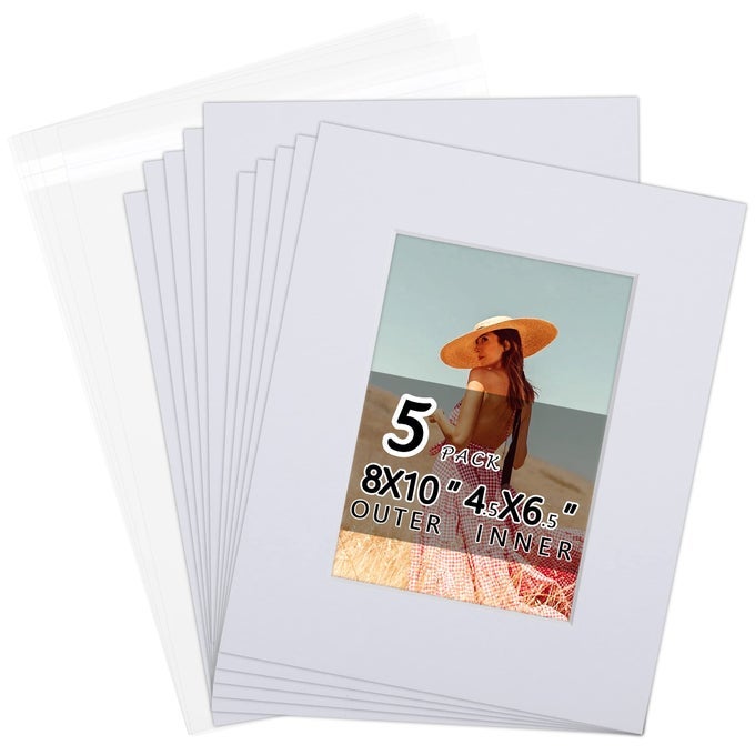 ACIDFREE 5 PACK 8X10 PRECUT MAT BOARD SHOW KIT FOR 5X7 PHOTOS PRINTS OR ARTWORKS 5 CORE BEVEL CUT MATTS AND 5 BACKING BOARDS AND 5 CRYSTAL PLASTIC BAGS WHITE