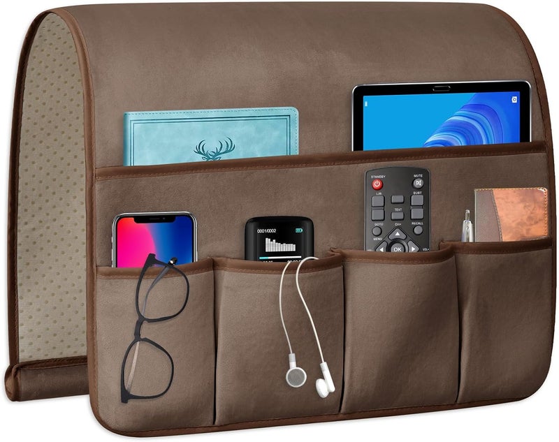 WETRBWEH Remote Control Holder for Armchair Caddy，Couch Caddy Organizer TV Remote Holder for Bed Storage 5 Pockets，Remote Caddy Bedside Organizer Bedside Table Organizer (Brown, 35''x18'') - Image 1