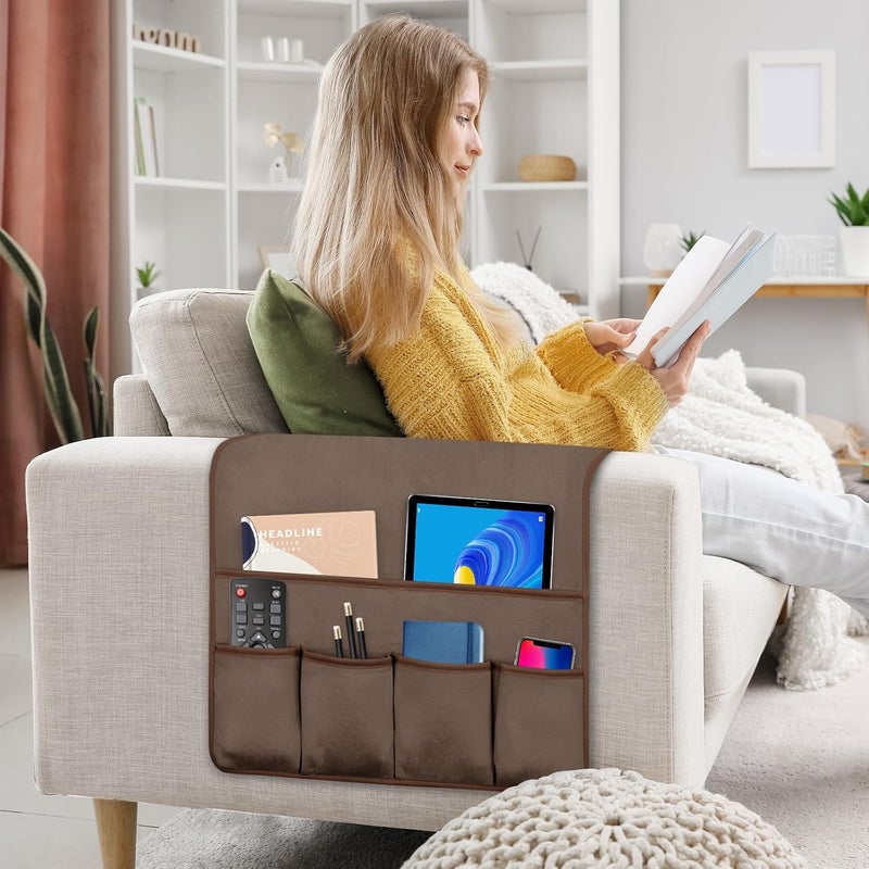 WETRBWEH Remote Control Holder for Armchair Caddy，Couch Caddy Organizer TV Remote Holder for Bed Storage 5 Pockets，Remote Caddy Bedside Organizer Bedside Table Organizer (Brown, 35''x18'') - Image 3