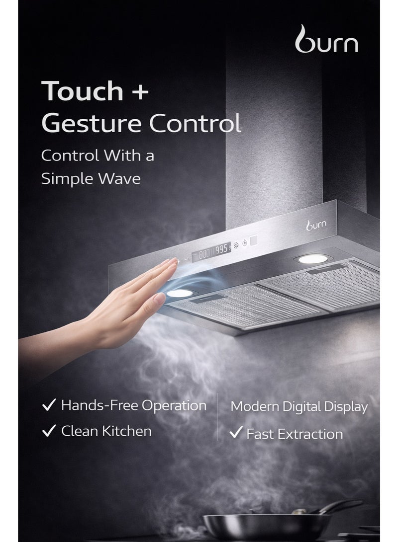 BURN T-Shape Cooker Hood 60cm Stainless Steel Silver – 650 m³/h Suction, Touch & Gesture Control, Energy Saving LED Light - Image 1