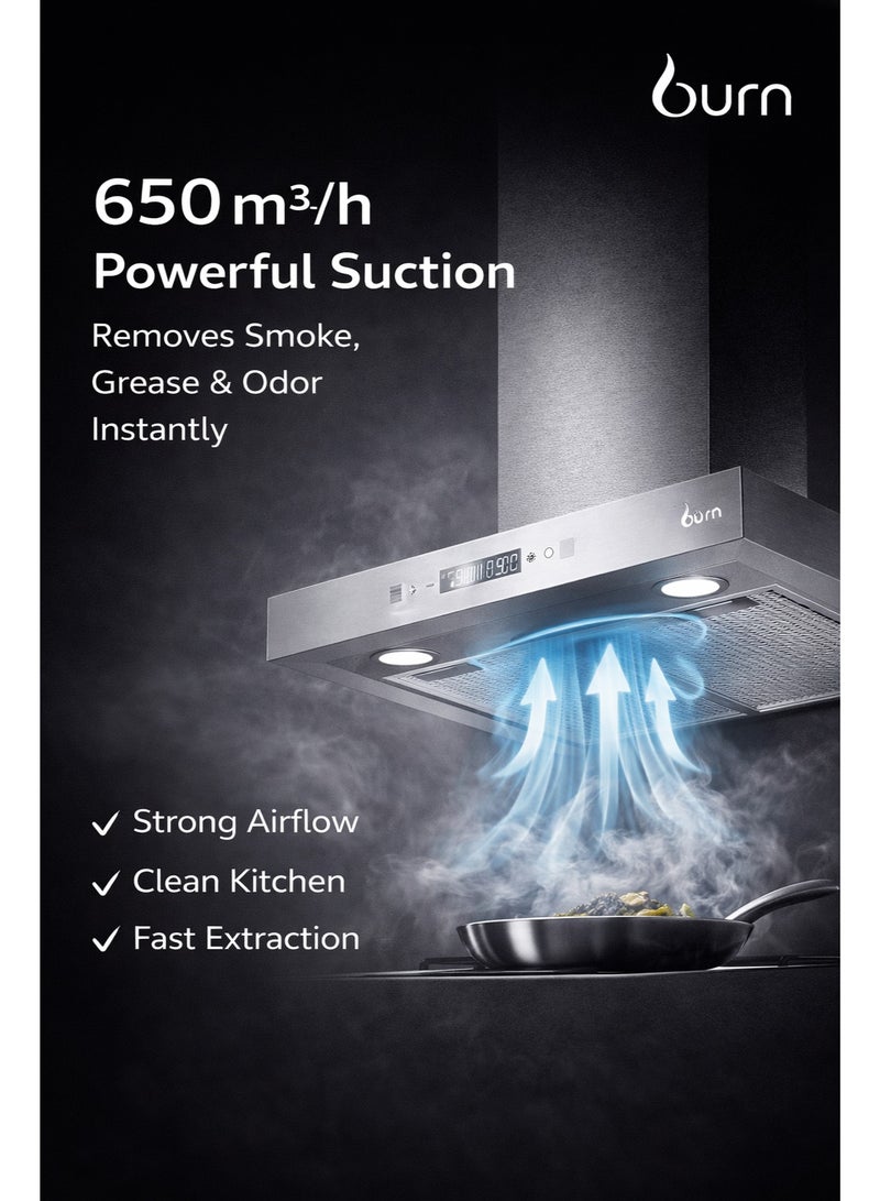 BURN T-Shape Cooker Hood 60cm Stainless Steel Silver – 650 m³/h Suction, Touch & Gesture Control, Energy Saving LED Light - Image 2