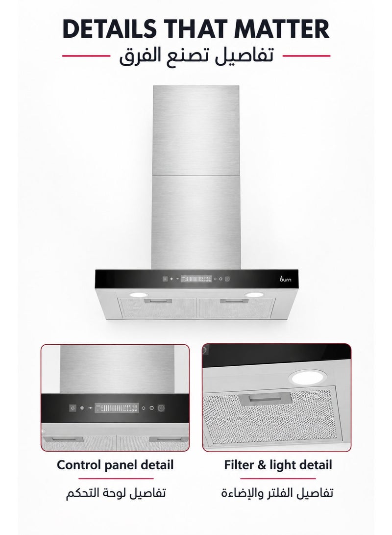 BURN T-Shape Cooker Hood 60cm Stainless Steel Silver – 650 m³/h Suction, Touch & Gesture Control, Energy Saving LED Light - Image 3