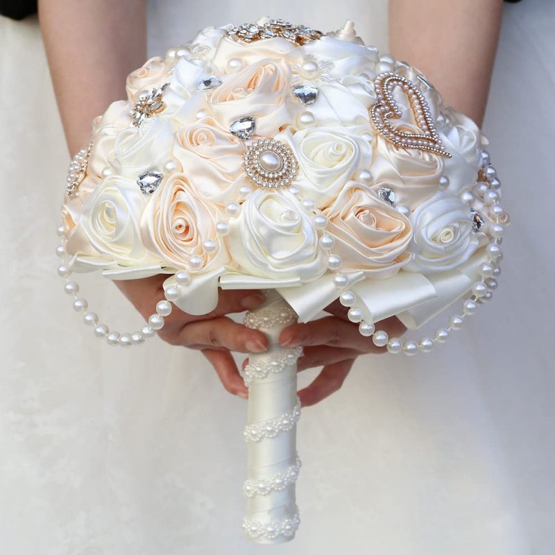 Gkvszy Ivory and Champagne Bridal Wedding Bouquet with Rhinestone Brooch Pearl String Cascade Bouquet for Bride Bridesmaid Quinceanera Satin Rose Flower Bouquet Wedding Champagne and Ivory 8.7in - Image 2