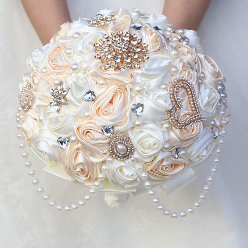 Gkvszy Ivory and Champagne Bridal Wedding Bouquet with Rhinestone Brooch Pearl String Cascade Bouquet for Bride Bridesmaid Quinceanera Satin Rose Flower Bouquet Wedding Champagne and Ivory 8.7in - Image 5
