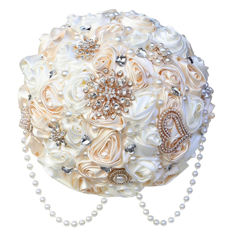 Gkvszy Ivory and Champagne Bridal Wedding Bouquet with Rhinestone Brooch Pearl String Cascade Bouquet for Bride Bridesmaid Quinceanera Satin Rose Flower Bouquet Wedding Champagne and Ivory 8.7in - Image 1