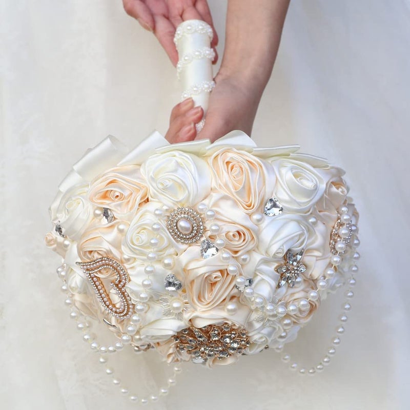 Gkvszy Ivory and Champagne Bridal Wedding Bouquet with Rhinestone Brooch Pearl String Cascade Bouquet for Bride Bridesmaid Quinceanera Satin Rose Flower Bouquet Wedding Champagne and Ivory 8.7in - Image 4